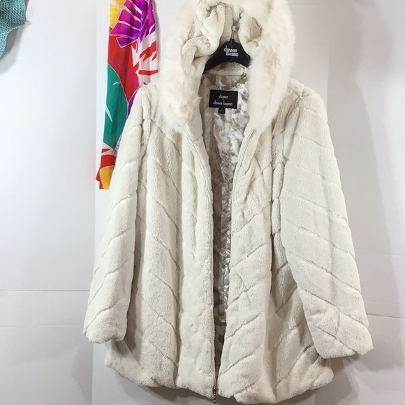 dennis basso Jackets & Blazers - Dennis Basso white faux fur hooded jacket L NWOT